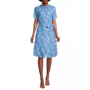 NWT 120% Lino Button Front Short Sleeve Embroidered Linen Shirt Dress Blue Sz 46